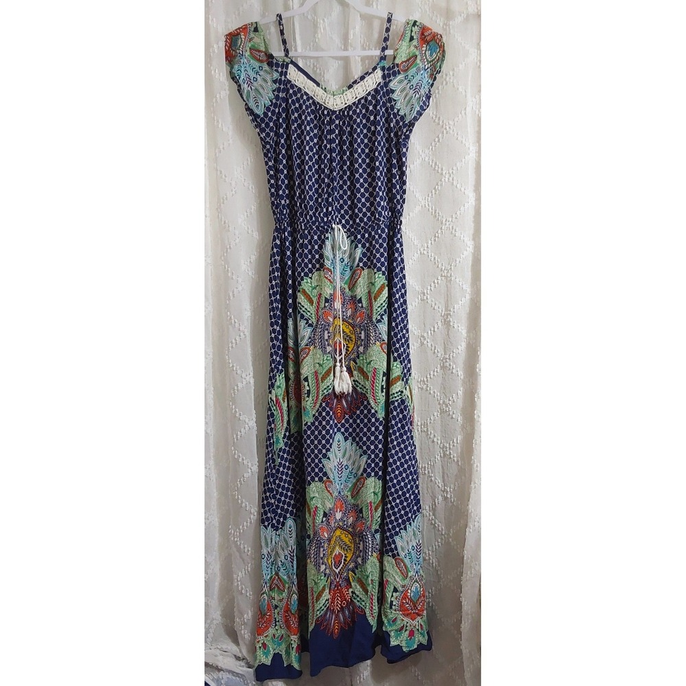 Magic Women Navy Blue Paisley Crochet Trim Drawstring Waist Maxi Dress Size M